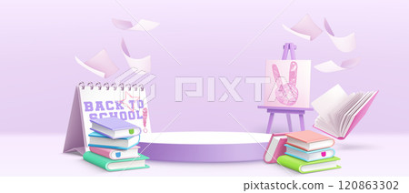 Back to school podium background. Purple banner 120863302