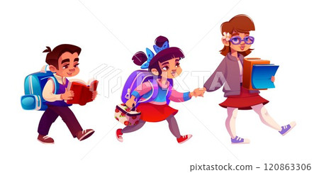 Schoolkids and female teacher walking to school 120863306