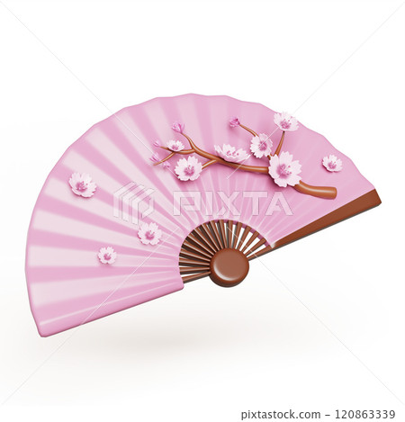 3d japanese hand fan with sakura branch. Pink silk geisha accessory, traditional asian folding fan with cherry blossom or spring flower pattern for oriental dance. Cartoon render icon. 3D illustration 120863339