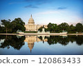 The United States Capitol building reflected on the reflection pool on a sunny day at nation mall, Washington DC, USA. 120863433
