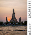 Pagoda at Wat Arun, a royal temple at Chaopraya river on sunset time, Bangkok, Thailand. 120863434