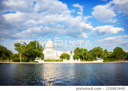 The United States Capitol building reflected on the reflection pool on a sunny day at nation mall, Washington DC, USA. 120863440