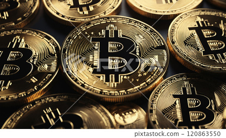 close up of bitcoin coin stack 120863550