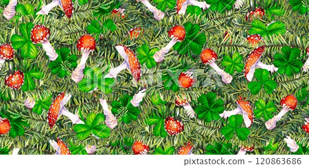 Seamless border with green fir branches, lucky shamrock leaves, fly agaric mushroom. Watercolor illustration for New Year, St. Patrick's Day. Template for invitation, scrapbook, card, sticker 120863686