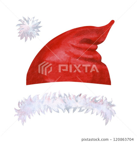 Merry Christmas set in red and white. Separate elements of a Santa Claus red hat with cap, fur and pompom. Watercolor illustration perfect for a card template or invitation to New Year celebrations 120863704
