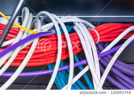 large group of UTP cables, Ethernet cables in rack cabinet, lead large group of UTP cables, Ethernet cables in rack cabinet, lead 120863749