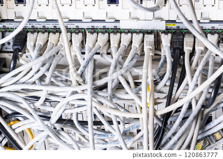 close-up of ethernet cables and switch close-up of ethernet cables and switch 120863777