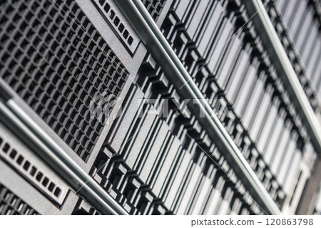 cluster of data storage SSD hard drives inside server rack 120863798