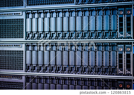 cluster of data storage SSD hard drives inside server rack 120863815