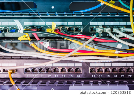 Server with patch cables plugged in ethernet ports Server with patch cables plugged in ethernet ports 120863818