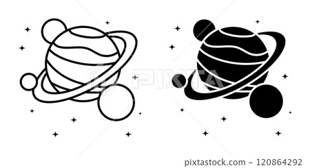 Linear icon, Saturn planetary cluster with satellites. Watching satellites on orbit around planet in space. Simple black and white vector isolated on white background Linear icon, Saturn planetary cluster with satellites. Watching satellites on orbit around planet in space. Simple black and white vector isolated on white background 120864292