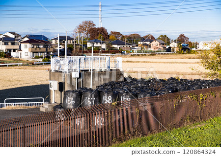埼玉縣川越市天野川排水泵站的沙袋 埼玉縣川越市天野川排水泵站的沙袋 120864324