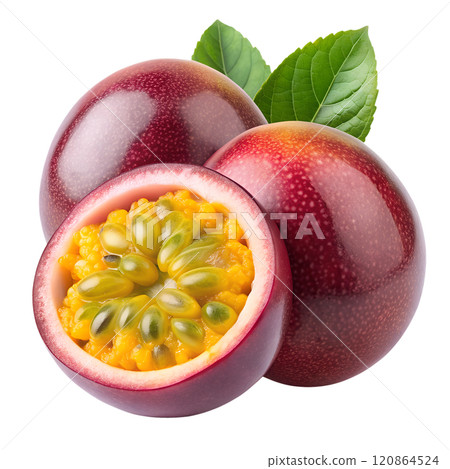 Passion fruit on a transparent background, one of the fruits is cut in half Passion fruit on a transparent background, one of the fruits is cut in half 120864524