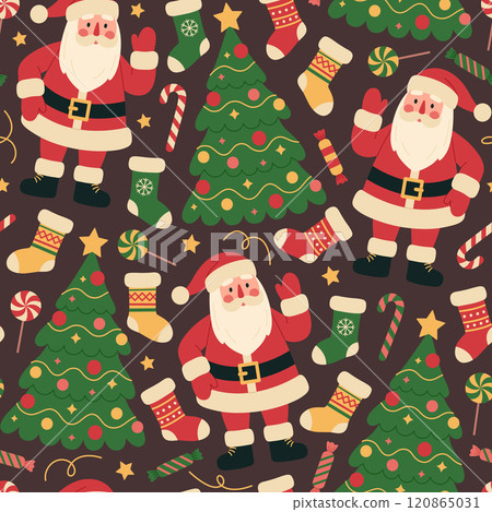 Christmas seamless pattern with Santa Claus, tree, stockings, candy canes, candies and lollipops on brown background. Xmas celebration. Vector flat illustration for wallpaper, textile, packaging Christmas seamless pattern with Santa Claus, tree, stockings, candy canes, candies and lollipops on brown background. Xmas celebration. Vector flat illustration for wallpaper, textile, packaging 120865031