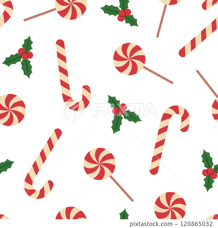 Seamless pattern with candy canes, lollipops and holly on white background. Traditional red and white Christmas sweets. Vector flat illustration for wallpaper, textile, packaging 120865032