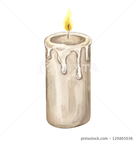 Beige burning wax candle, home christmas decoration. Candlelight design for xmas, New Year party. Hand draw watercolor illustration isolated background. Cozy interior clipart for printed holiday cards 120865036