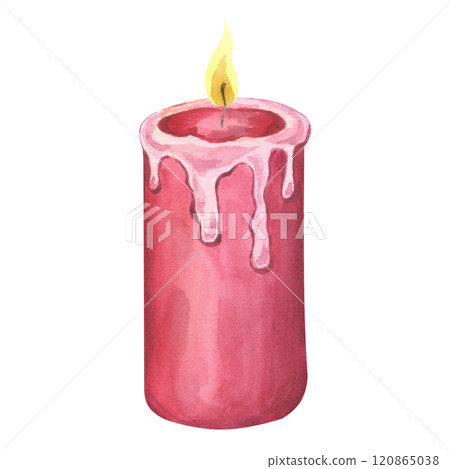 Red burning wax candle christmas decoration. Candlelight design for xmas, New Year party. Hand draw watercolor illustration isolated background. Cozy interior clipart printed products, holiday cards Red burning wax candle christmas decoration. Candlelight design for xmas, New Year party. Hand draw watercolor illustration isolated background. Cozy interior clipart printed products, holiday cards 120865038