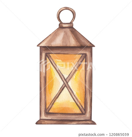 Brown lantern with glowing candle inside. Winter holiday symbol, Christmas decor. Attribute of Scandinavian gnomes. Kerosene Lamp. Handdrawn watercolor illustration isolated on white background Brown lantern with glowing candle inside. Winter holiday symbol, Christmas decor. Attribute of Scandinavian gnomes. Kerosene Lamp. Handdrawn watercolor illustration isolated on white background 120865039