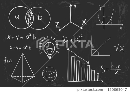 Math geometry graph and shapes on blackboard background. Set science doodle hand drawn sketch elements. Study theory formula, calculations. Math geometry graph and shapes on blackboard background. Set science doodle hand drawn sketch elements. Study theory formula, calculations. 120865047