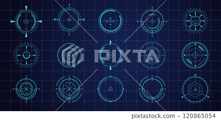 Hud aim pointer optical target, Futuristic focus range indicators, laser crosshair collimator sight. Measurement sniper for sniper gun. Game interface design ui element 120865054
