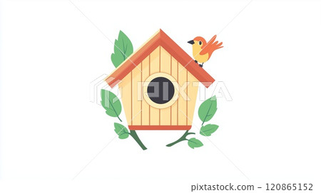 Wooden cute birdhouse 2D Logo on a white background 120865152