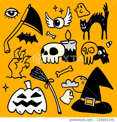 Spooky Halloween Doodle Collection with Skulls and Witch Hat 120865256