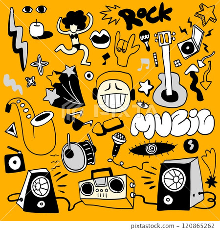 Energetic Music Doodle Collection with Instruments and Icons Energetic Music Doodle Collection with Instruments and Icons 120865262