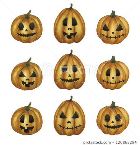 Carved orange pumpkin Halloween set. Jack o Lantern, illuminating the way. Cartoon clipart. Hand drawn watercolor illustration isolated background. For website design, brochures, party invitations Carved orange pumpkin Halloween set. Jack o Lantern, illuminating the way. Cartoon clipart. Hand drawn watercolor illustration isolated background. For website design, brochures, party invitations 120865284