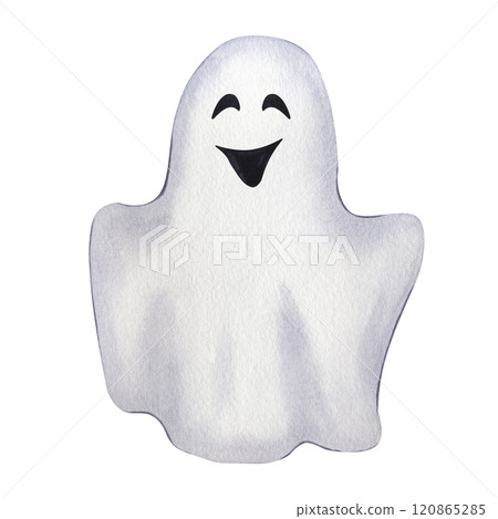Ghost character scream scary face. Happy Halloween party. Cartoon spirit clipart, simple spooky picture. Hand drawn watercolor illustration isolated on white background 120865285