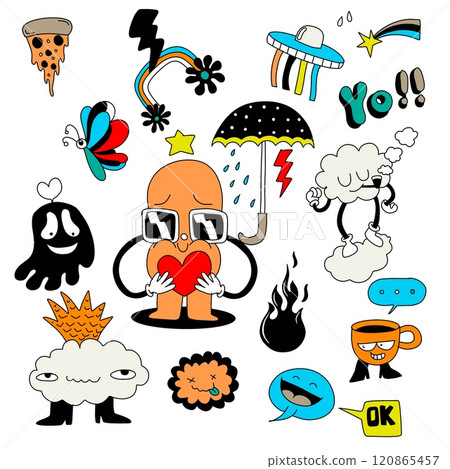 Quirky Character Doodle Collection with Fun Icons, Isolated on White Background 120865457