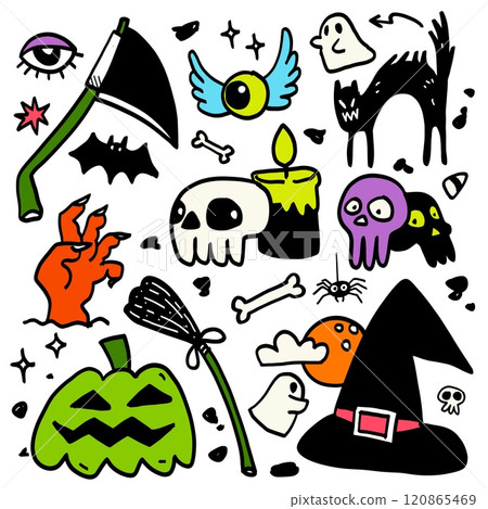 Halloween Doodle Collection with Skulls and Spooky Icons, Isolated on White Background Halloween Doodle Collection with Skulls and Spooky Icons, Isolated on White Background 120865469