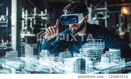 An architect brings architectural designs to life with 3D holographic construction models. The concept of innovation in architecture and futuristic design. Generative Ai.  120865618