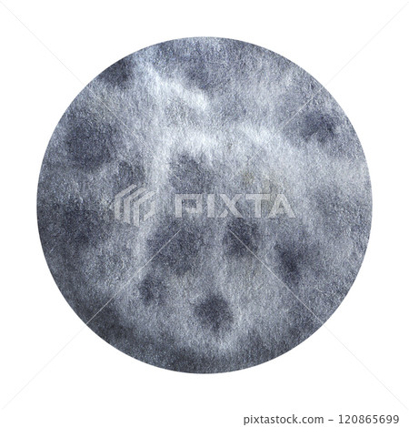 Full gray moon with craters at night. Dark satellite sphere moonlight. Planet, midnight luna landscape. Astronomy space, Halloween attribute. Hand drawn watercolor illustration isolated background. 120865699