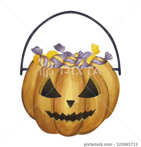 Halloween bucket carved orange pumpkin with sweet candies. Jack o Lantern traditional illuminating the way. Trick or treat cauldron. Clipart spooky picture. Hand drawn watercolor illustration isolated 120865713