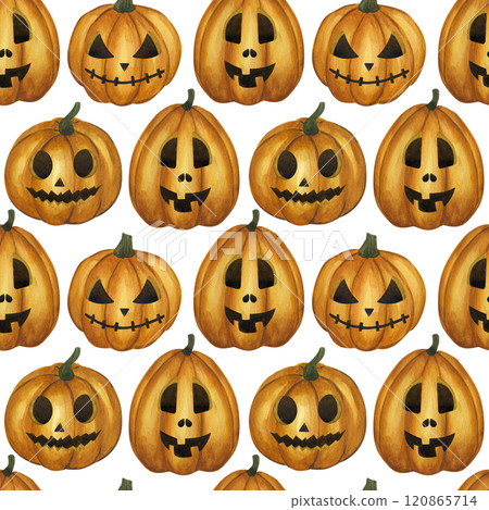 Halloween seamless pattern Jack o Lantern, carved orange pumpkin illuminating the way. Cartoon clipart. Hand drawn watercolor illustration isolated background. For textile design, wrapping paper. 120865714