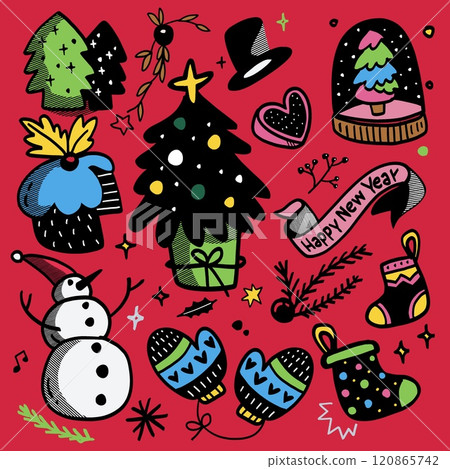 Hand Drawn Christmas and New Year Doodles Isolated on Red Background 120865742