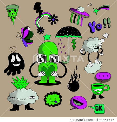 Hand Drawn Abstract Character Doodles Isolated on Brown Background 120865747