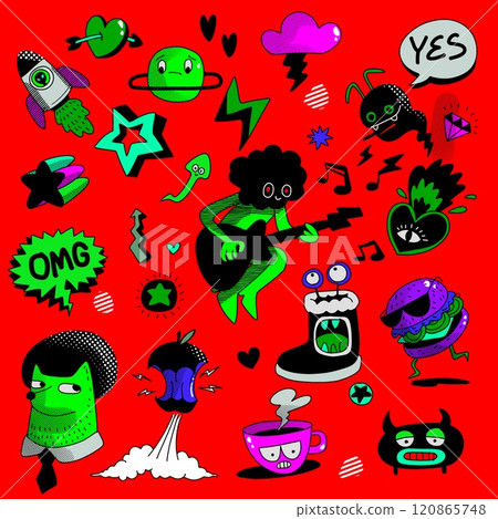 Hand Drawn Abstract Pop Art Doodles Isolated on Red Background 120865748