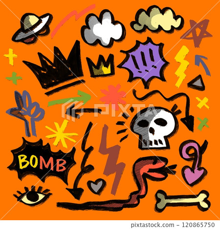 Hand Drawn Abstract Doodle Icons Isolated on Orange Background Hand Drawn Abstract Doodle Icons Isolated on Orange Background 120865750