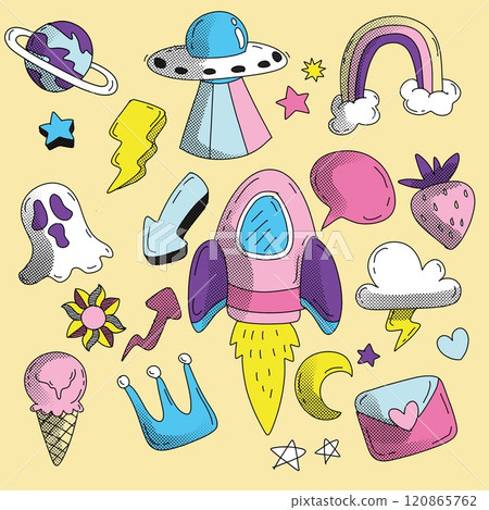 Hand Drawn Space and Fun Doodle Icons Isolated on Yellow Background Hand Drawn Space and Fun Doodle Icons Isolated on Yellow Background 120865762