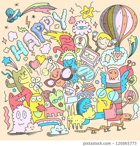 Hand Drawn Cute Happy Doodle Characters Isolated on Beige Background 120865773