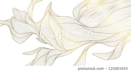 Vector gold leaf pattern, luxury flower pattern, japanese botanical illustration, line wave drawing. Plant ornament, wallpaper, spring element. Vector gold leaf pattern, luxury flower pattern, japanese botanical illustration, line wave drawing. Plant ornament, wallpaper, spring element. 120865843