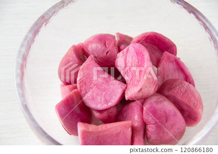 Atsumi turnip pickles served in a glass bowl 120866180