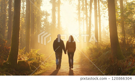 A couple strolls hand in hand on a forest trail, soaking in the serene atmosphere away from technology A couple strolls hand in hand on a forest trail, soaking in the serene atmosphere away from technology 120866304