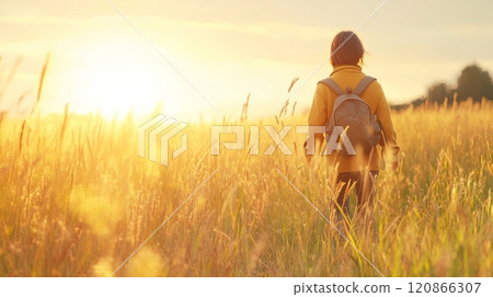 Walking through tall grass at sunset, a girl embraces calm and freedom while enjoying a digital detox 120866307