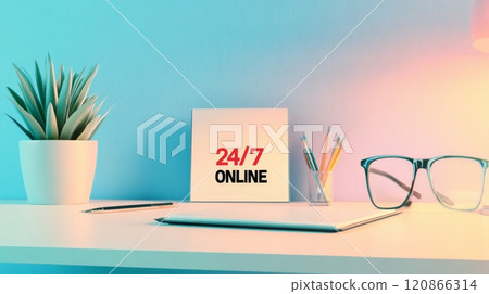 Soft lighting illuminates a minimalist desk with a focus on wellness, promoting stress relief and work-life balance 120866314