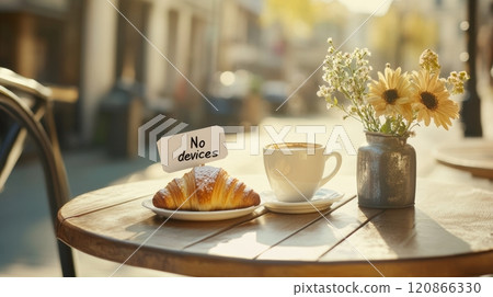 Relax at a sunny outdoor cafe with a croissant, cappuccino, and flowers, embracing a device-free moment for wellness 120866330