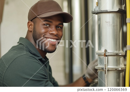A young African American plumber smiles while inspecting a water radiator surrounded by metallic pipes A young African American plumber smiles while inspecting a water radiator surrounded by metallic pipes 120866369