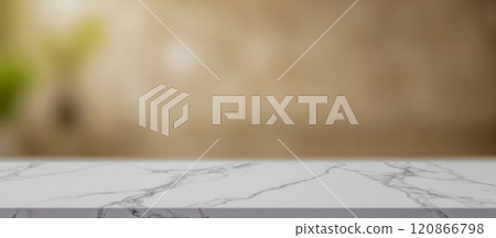 marble countertop empty surface for product display, blurred beige background minimal texture smooth stone table bright indoor space clean design elegant modern decor neutral color natural light 120866798