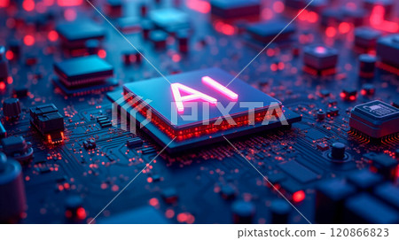 High-performance artificial intelligence chip for accelerated neural networking, cutting-edge CPU technology for efficient machine learning, smart computing circuit board with glowing AI inscription High-performance artificial intelligence chip for accelerated neural networking, cutting-edge CPU technology for efficient machine learning, smart computing circuit board with glowing AI inscription 120866823